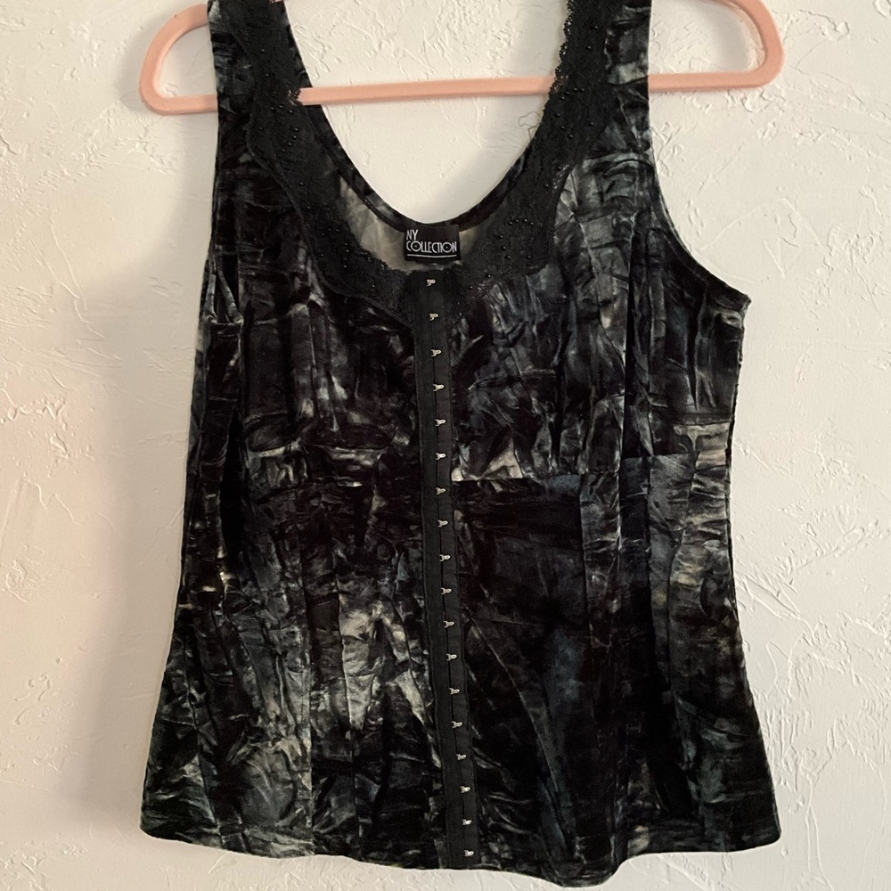NY Collection Crushed Velvet Lace Trim Tank Large